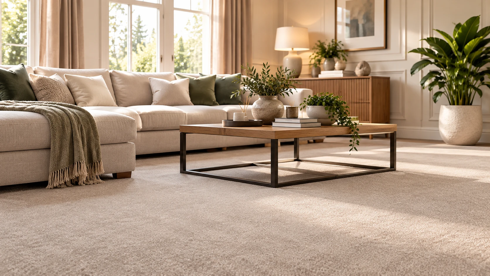 Pale carpet fitted through a bright family living room