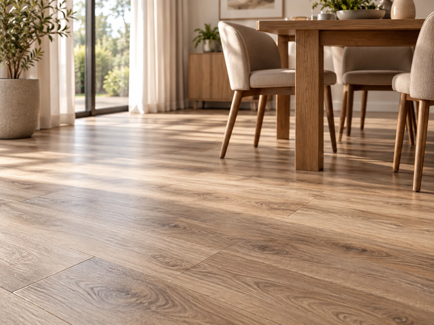 Light oak effect vinyl flooring in a dining room